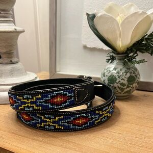 Vintage Y2K Brown Leather Belt With Native Inspired Beading 35”- 40” EUC